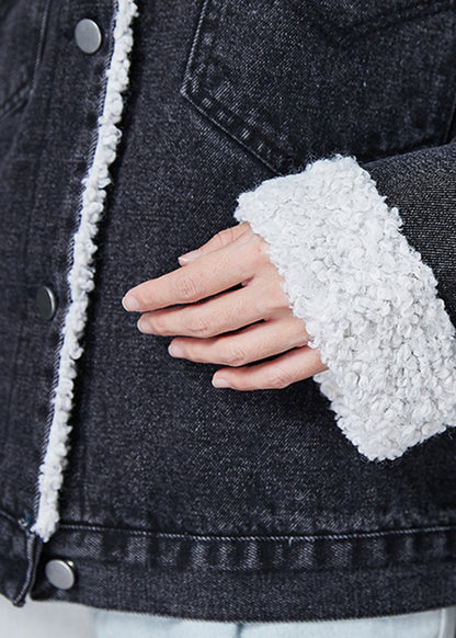 Black Peter Pan Collar Patchwork Warm Fleece Denim Jacket Winter