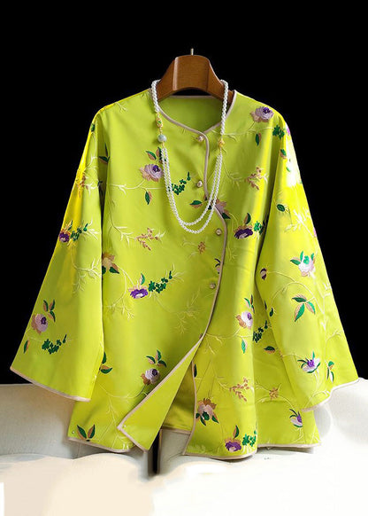 New Yellow Print Button Silk Top Long Sleeve