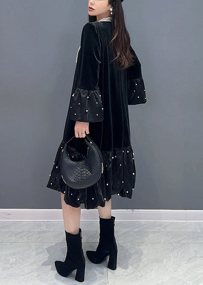 Black Zircon Patchwork Silk Velour Dress O Neck Long Sleeve