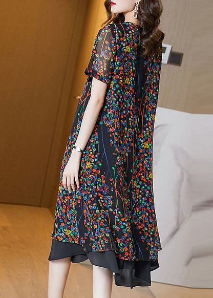 Classy Black O-neck Patchwork Print Chiffon Long Dress Summer