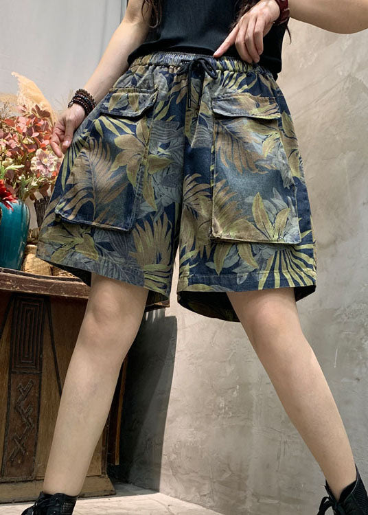 Modern Blue Cinched Print Denim Summer Hot Pants
