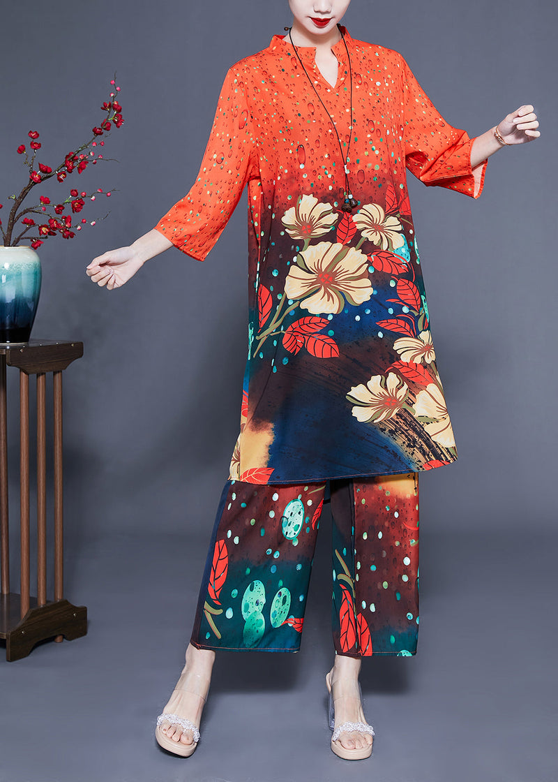 French Orange Stand Collar Oversized Print Silk Two-piece Set Bracelet Sleeve