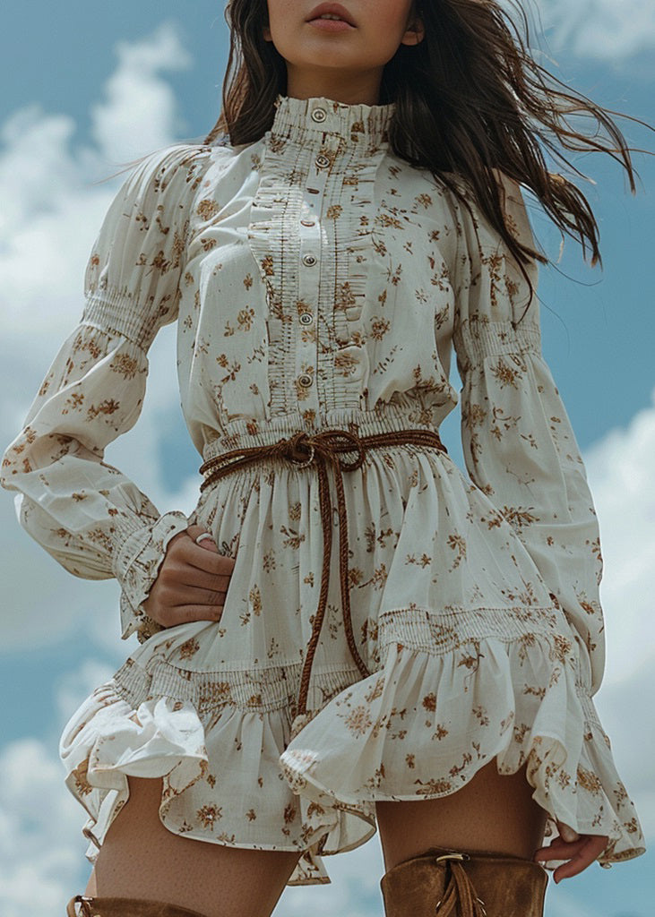 White Ruffled Print Patchwork Cotton Dress Long Sleeve