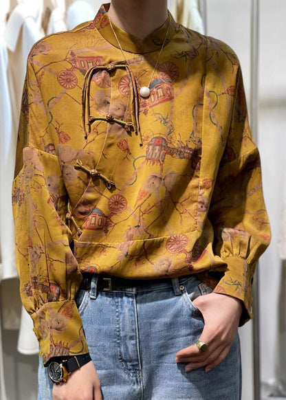 Yellow Stand Collar Patchwork Print Shirt Top Spring
