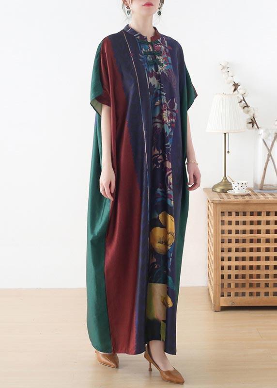 Handmade Red Purple Green Print Chiffon Dress Loose Summer Dress