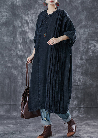 Black Oversized Wrinkled Denim Oriental Dress Spring