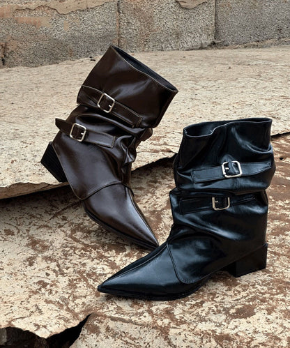 Splicing Chunky Boots Black Faux Leather Pointed Toe
