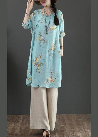 Boutique Blue Print Half Sleeve Long Linen Summer Tops