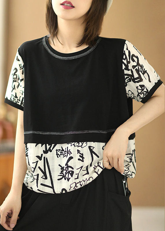 Classy Black White Patchwork O-neck Letter Print Fake Two Piece Top Summer