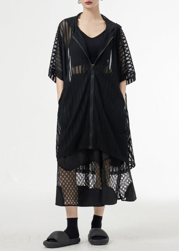Black Zippered Pockets Patchwork Tulle Upf 50+ Coat Hooded Summer
