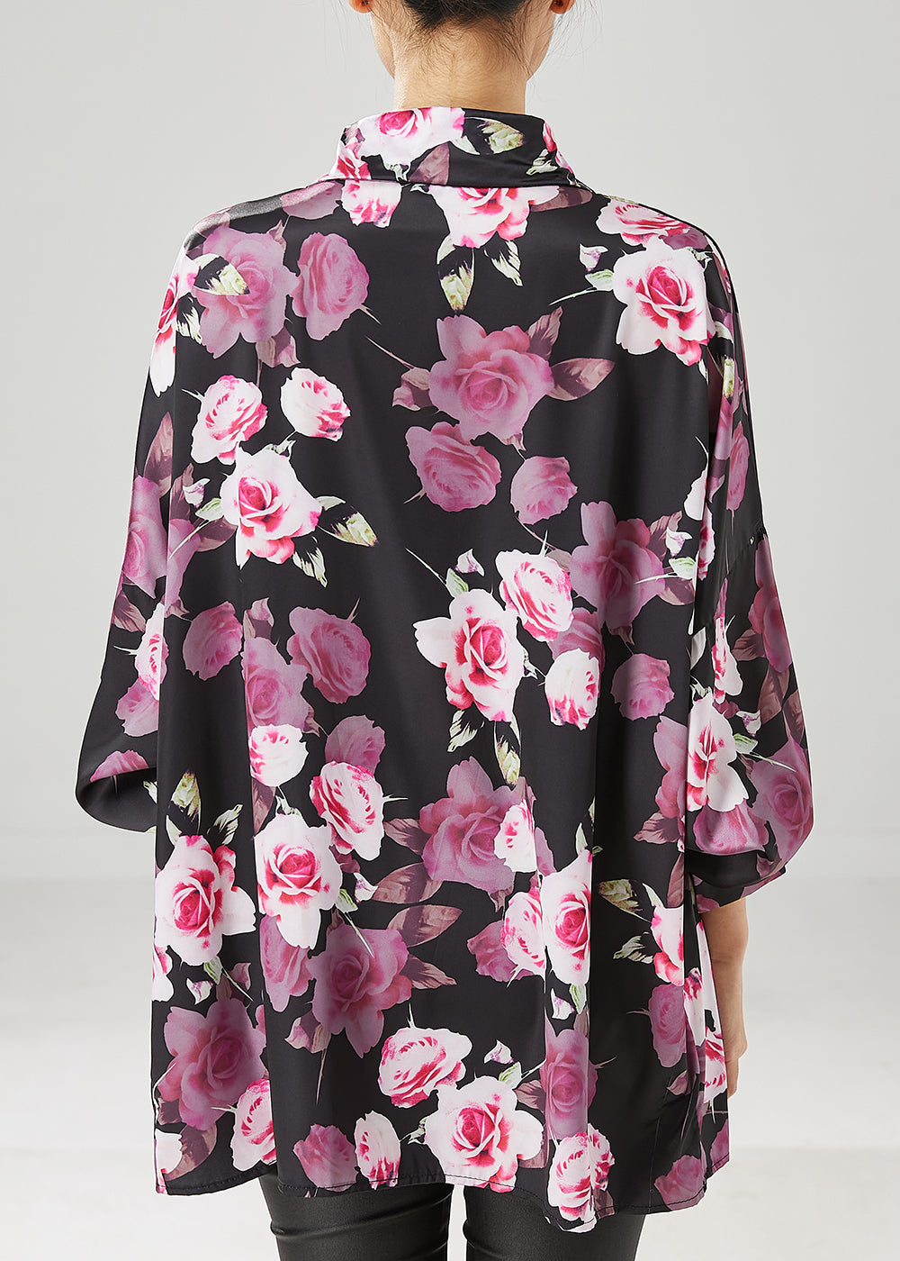 Natural Black Oversized Rose Chiffon Shirt Tops Spring