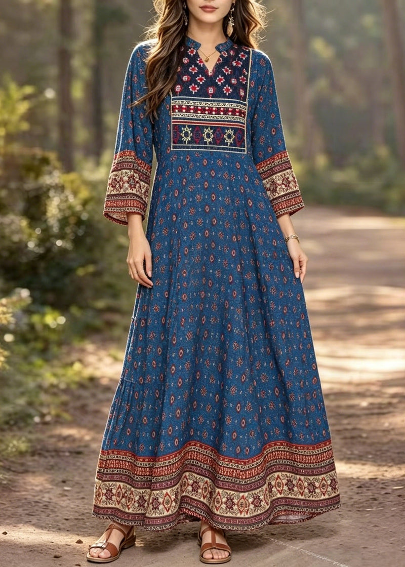 Blue V Neck Print Cotton Long Dress Summer