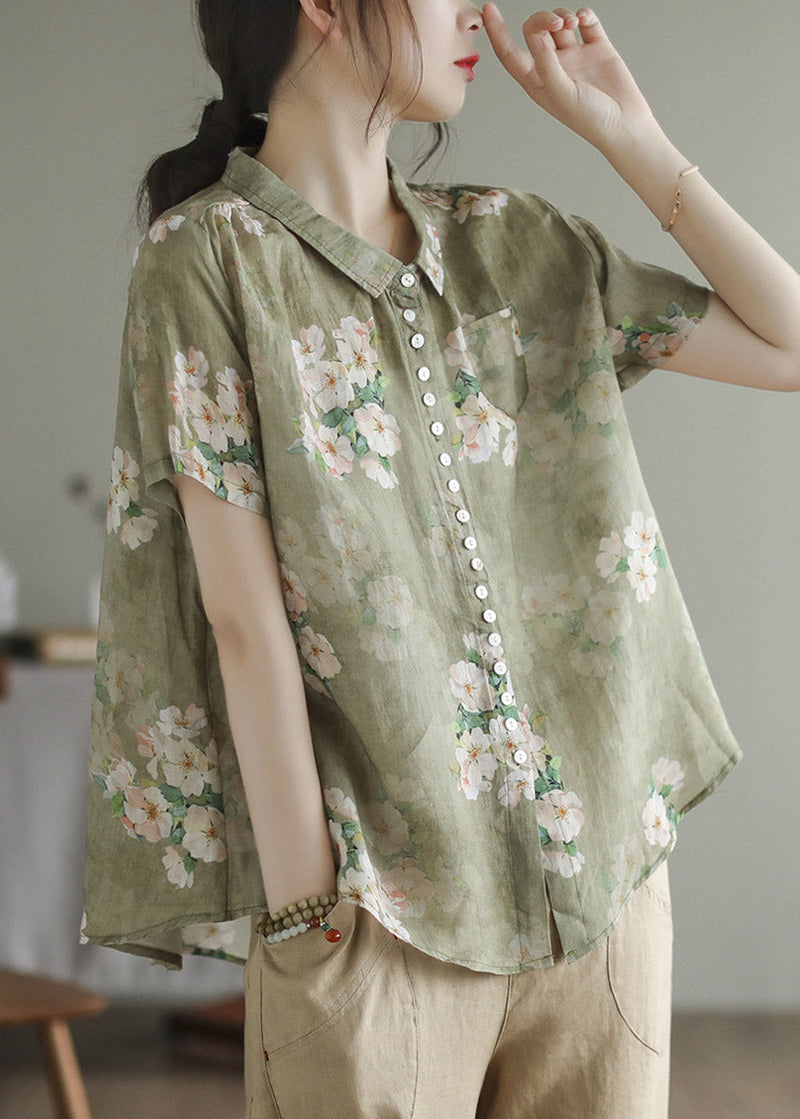 Peter Pan Collar Print Button Low High Design Linen Shirts Short Sleeve