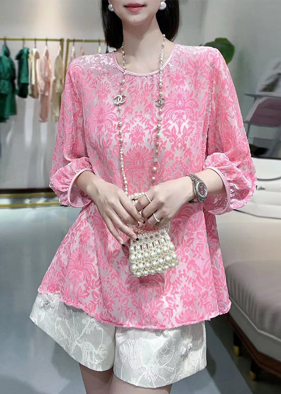 Pink O-neck Silk Velour Patchwork Chiffon T Shirt Fall