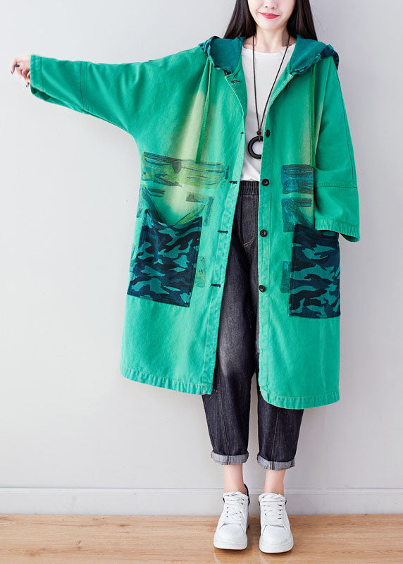 Green Hooded Print Cotton Hoodie Coat Spring