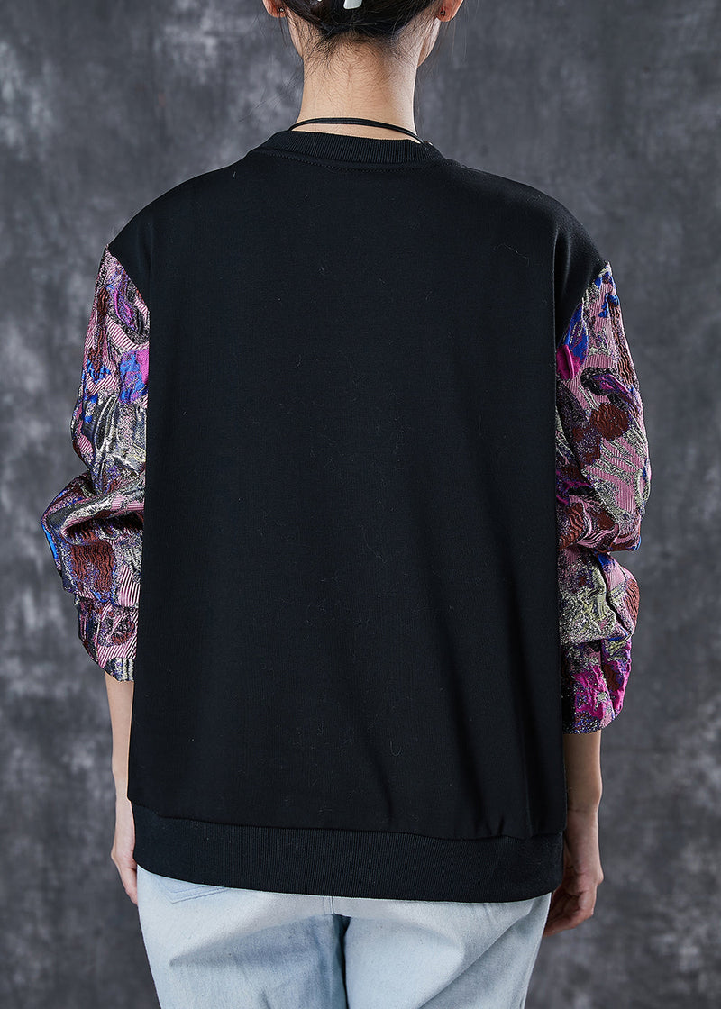 Black Embroidered Patchwork Cotton Sweatshirt Spring