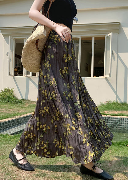 Print Wrinkled Elastic Waist Cotton Skirt Fall