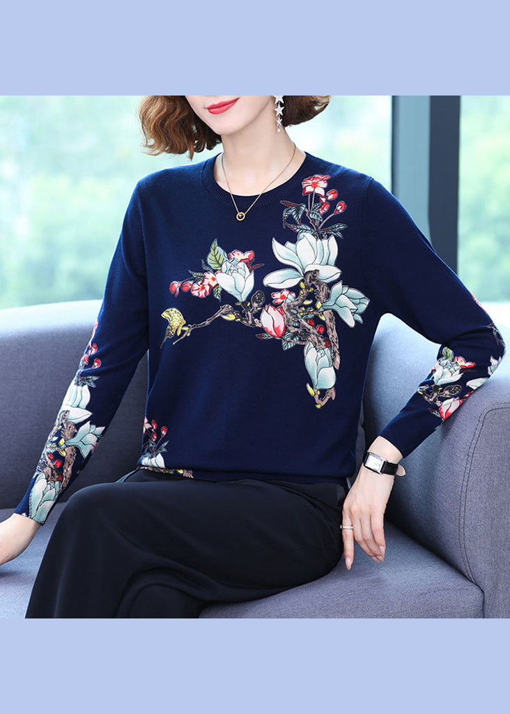 Navy O Neck Print Loose Woolen Knit Top Spring