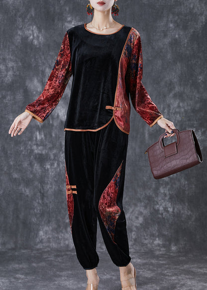 Red Oversized Patchwork Print Silk Velour Two Pieces Set Fall