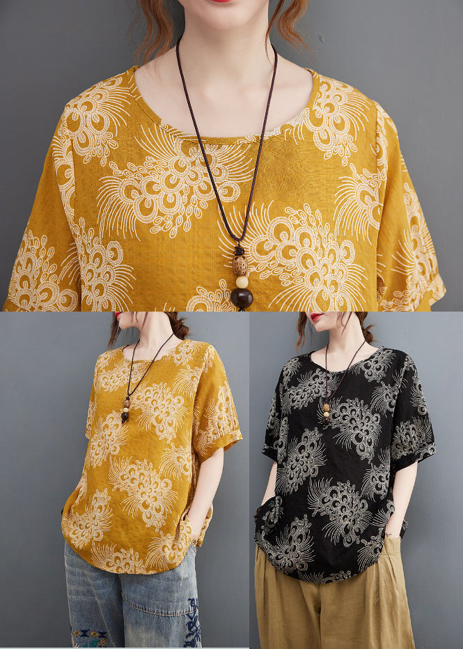 Stylish Yellow O-neck Cotton Top Short Sleeve