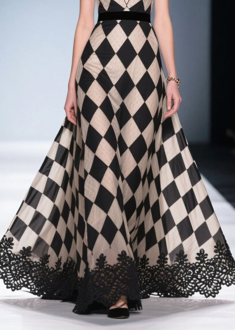 Chessboard Pattern Deep-v Neck Chiffon Long Dress Summer