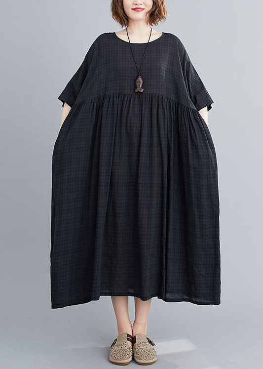 Black Plaid Loose Linen Dress Wrinkled Short Sleeve