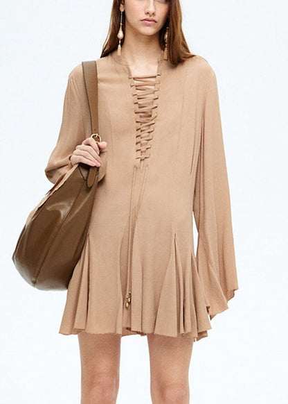 Khaki Lace Up Cotton Mini Dress Flare Sleeve