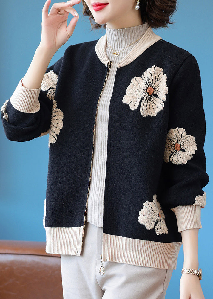 Modern Black O-neck Print Knitted Cotton Cardigans Fall