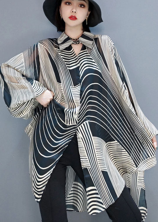 Low High Design Striped Chiffon Shirt Blouse