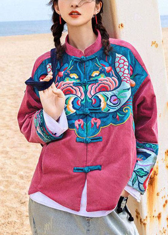 Unique Red Button Stand Collar Embroideried Corduroy Coat Spring