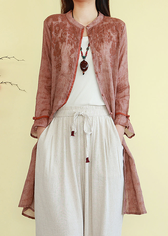 Orange Button Linen Loose Fall Shirts O-neck
