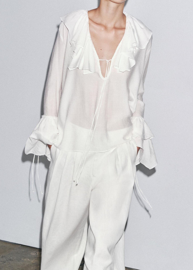 White V Neck Ruffled Patchwork Chiffon Top Fall