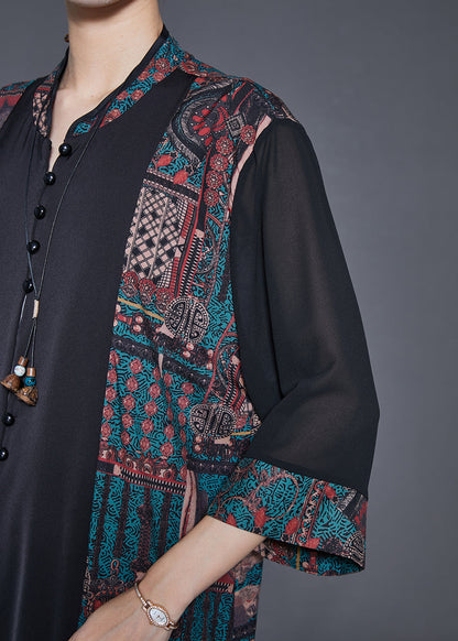 Black Mandarin Collar Patchwork Print Silk Cardigans Fall