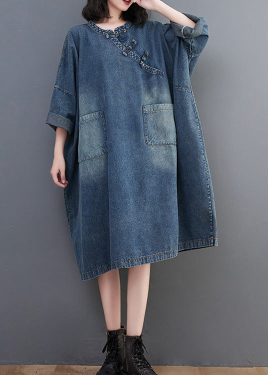 Denim Blue O-neck Patchwork Button Long Dress Long Sleeve