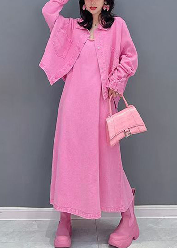 Pink Peter Pan Collar Coats and Long Dresses Two Pieces Set Puff Sleeve