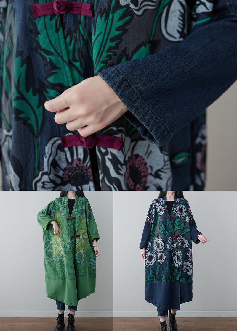 Denim Blue V Neck Patchwork Print Cotton Coats Spring