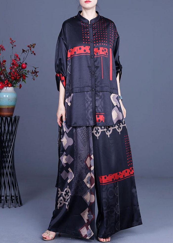 Black Print Silk Low High Design Wide Leg Two Pieces Sets