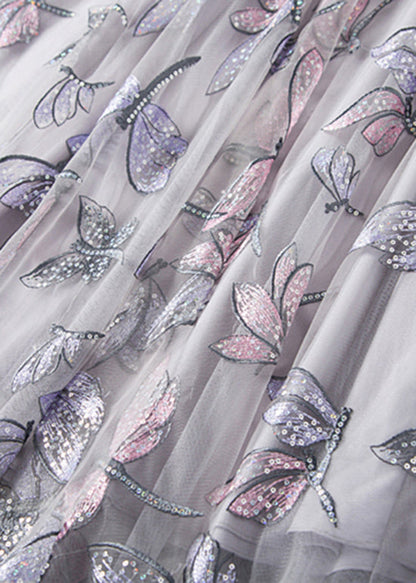 Grey Embroidered Butterfly Wrinkled Tulle Skirts Spring