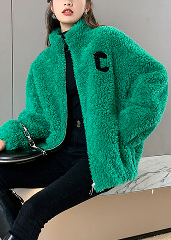 Diy Green Stand Collar Zippered Cozy Faux Fur Coat Long Sleeve