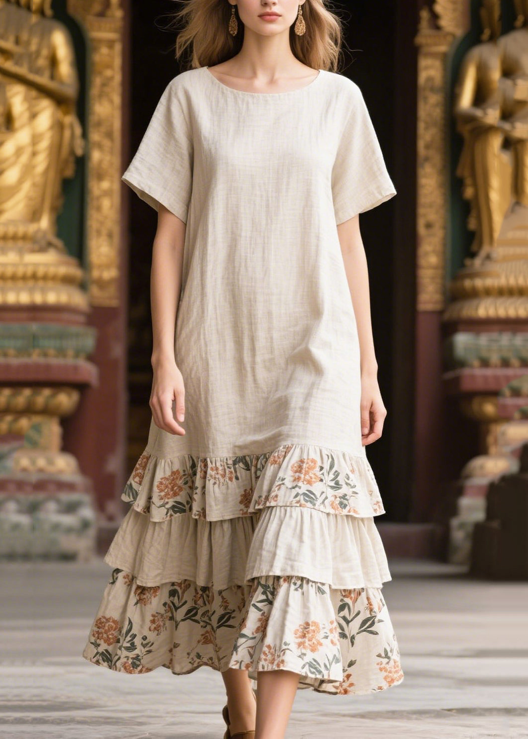 Natural Apricot Oversized Patchwork Linen Maxi Dresses Summer