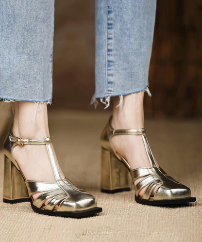 European and American Style Gold Sandals Chunky Heel Hollow Out