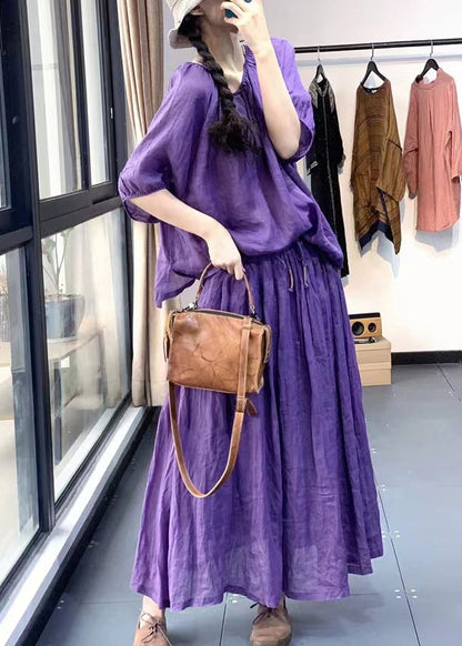 Loose Purple O-neck Tops and Skirts Cotton Two Pieces Set Summer