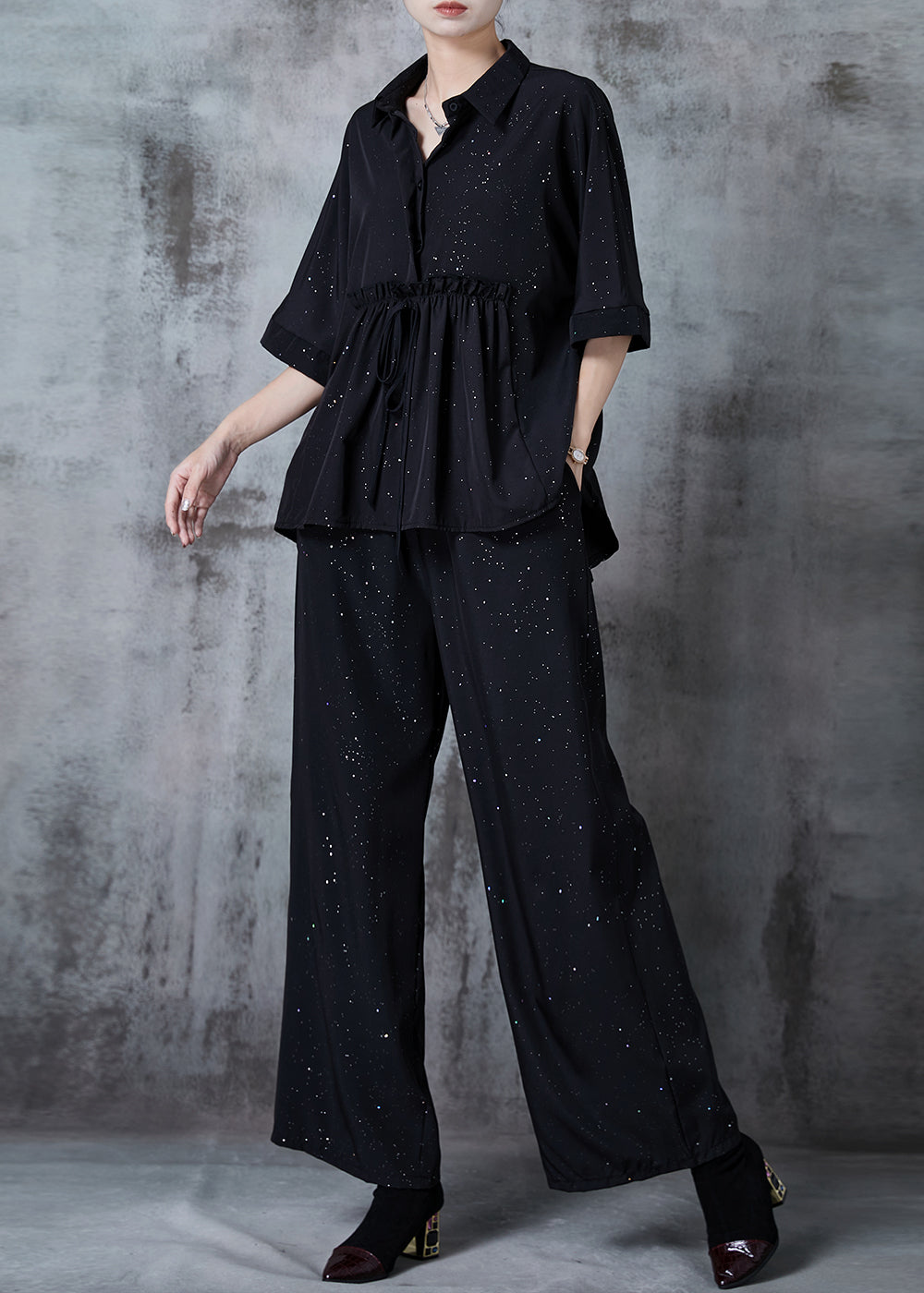 Organic Black Ruffled Sequins Chiffon Sets 2 Pieces Summer