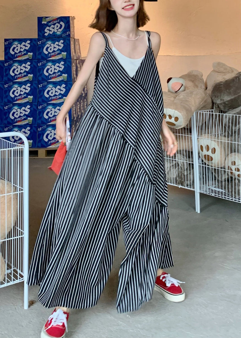 Original Design White V Neck Striped Cotton Jumpsuit Pants Sleeveless