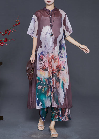 Brown Oversized Print Chiffon Two Piece Set Clothing Summer