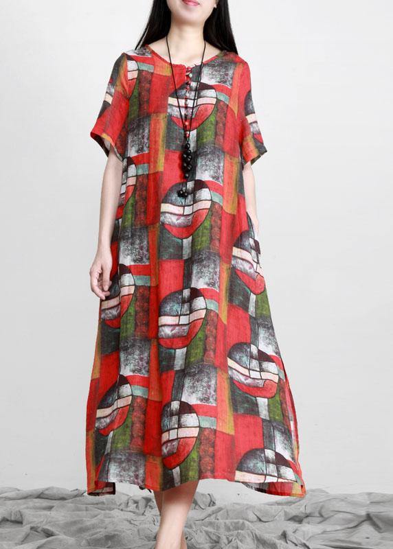 Red Print Linen Dress Pockets