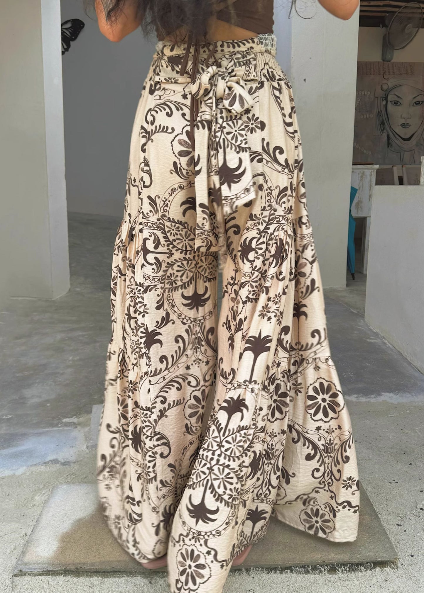 Apricot Print Pockets Cotton Wide Leg Pants Summer