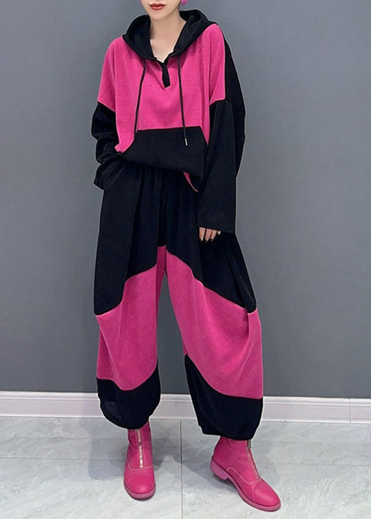 Pink Drawstring Patchwork Velour Hooded Top and Pants Two Pieces Set Fall