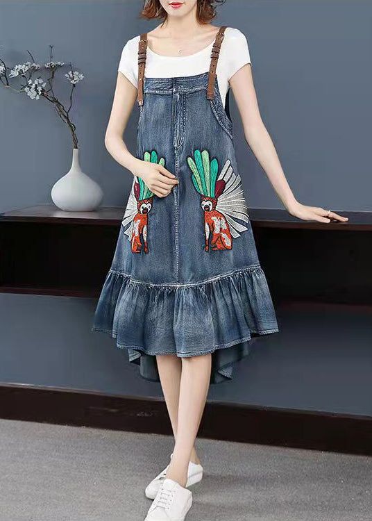 Blue Low High Design Embroideried Spaghetti Strap Party Dress Sleeveless