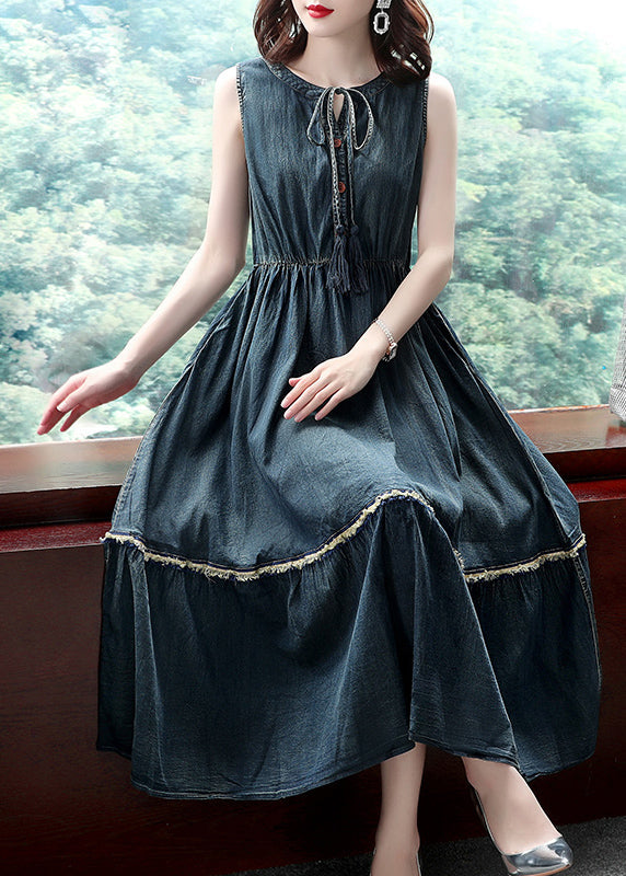 Boutique Denim Blue O-neck Lace Up Button Cotton Cinch Dresses Sleeveless